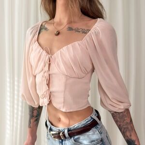 Light Pink Tie Front Blouse Cropped Ruched Top Soft Feminine Top Size S
